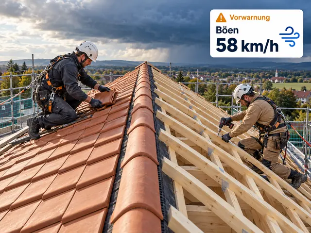 Dachdecker beim Ziegelverlegen und Zimmerer am offenen Holztragwerk auf gegenüberliegenden Dachseiten, eingeblendet eine Vorwarnung: Böen 58 km/h
