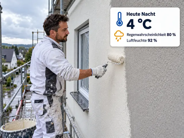 Maler streicht vom Gerüst aus eine Fassade, eingeblendet die Wetteranzeige für heute Nacht: 4 °C, Regenwahrscheinlichkeit 80 %, Luftfeuchte 92 %